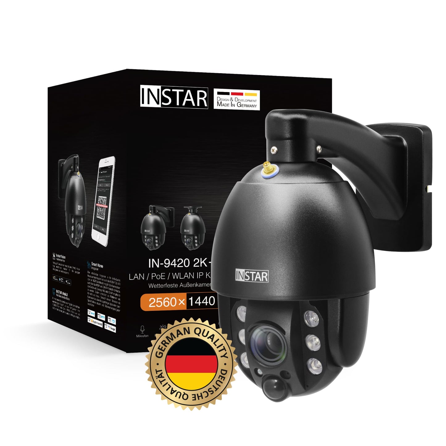 INSTAR IN-8415 2K+ schwarz - LAN/PoE/WLAN Überwachungskamera mit KI (AI) - steuerbare IP Kamera - WPA3-2,4 und 5Ghz WiFi - Verwendung im Innenbereich