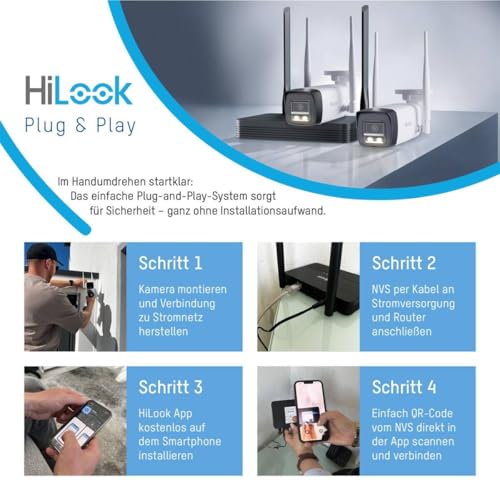 HiLook WLAN Überwachungskamera Set Außen | 2X 4 MP Bullet Kameras | WiFi NVS mit Micro-SD-Slot | Outdoor Kamera Komplettset | Menschen- &