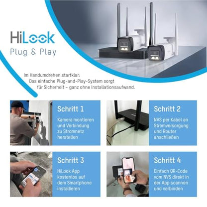 HiLook WLAN Überwachungskamera Set Außen | 2X 4 MP Bullet Kameras | WiFi NVS mit Micro-SD-Slot | Outdoor Kamera Komplettset | Menschen- &