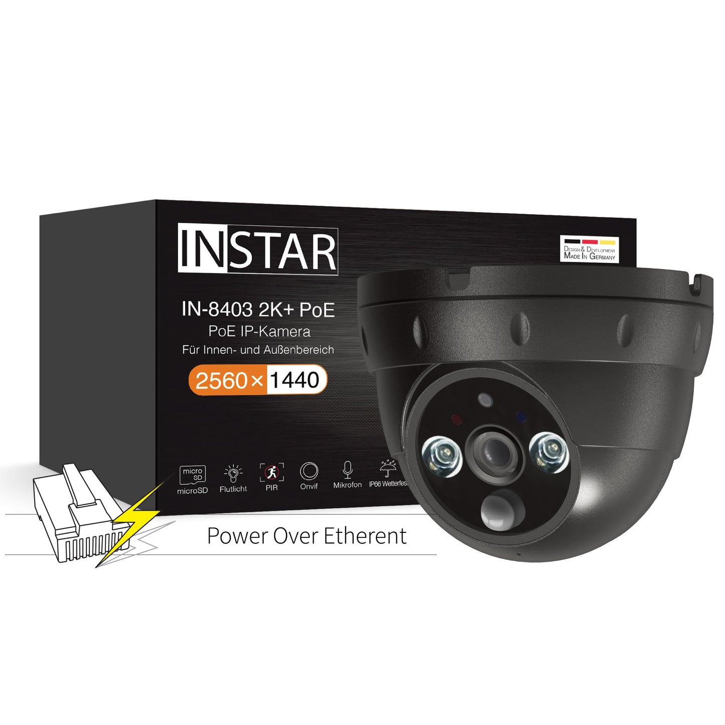 INSTAR IN-8415 2K+ schwarz - LAN/PoE/WLAN Überwachungskamera mit KI (AI) - steuerbare IP Kamera - WPA3-2,4 und 5Ghz WiFi - Verwendung im Innenbereich